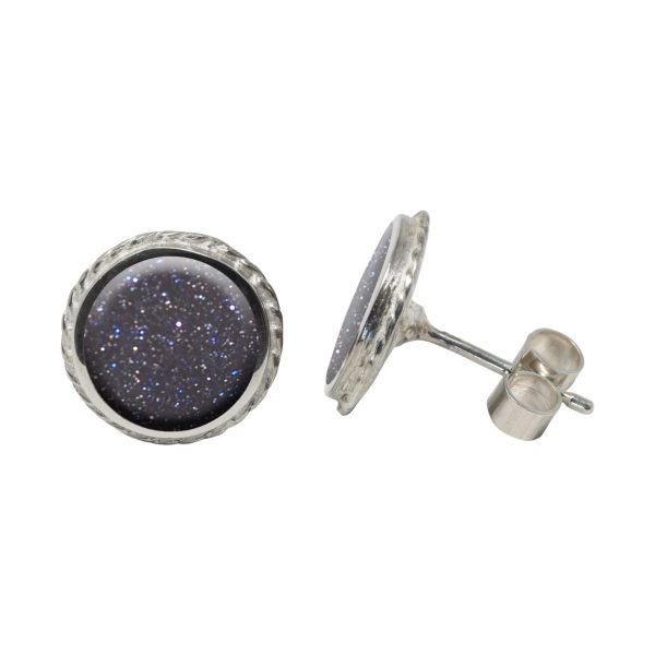 Silver Blue Goldstone Round Stud Earrings