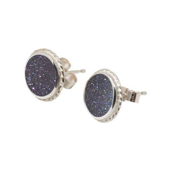 Silver Blue Goldstone Round Stud Earrings