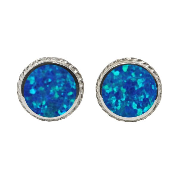 White Gold Opalite Cobalt Blue Round Stud Earrings