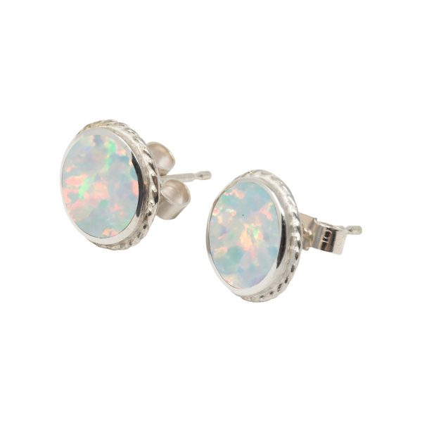 White Gold Opalite Sun Ice Round Stud Earrings