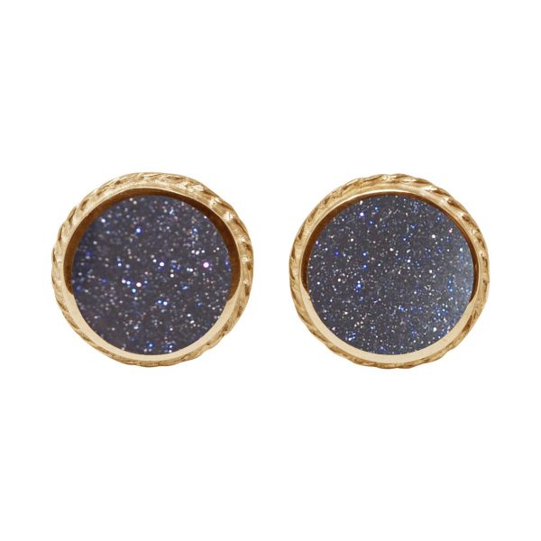 Yellow Gold Blue Goldstone Round Stud Earrings