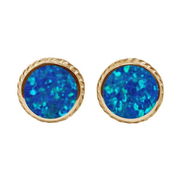 Yellow Gold Opalite Cobalt Blue Round Stud Earrings