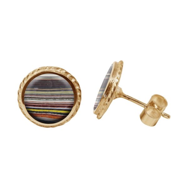 Yellow Gold Fordite Round Stud Earrings