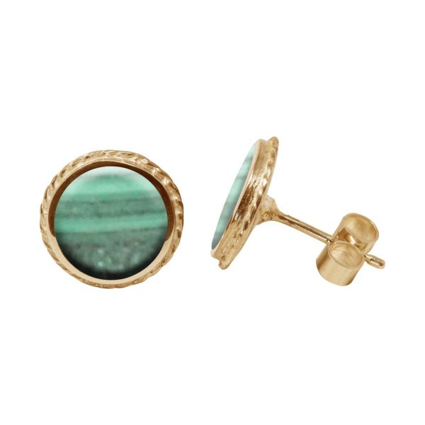 Yellow Gold Malachite Round Stud Earrings