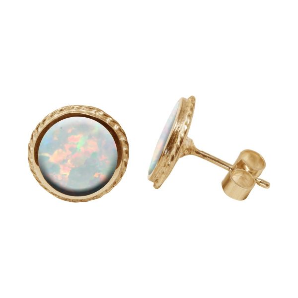 Yellow Gold Opalite Sun Ice Round Stud Earrings