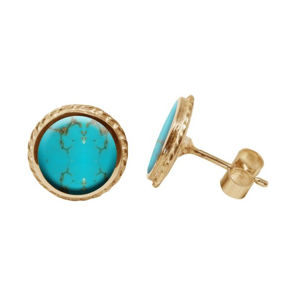 Yellow Gold Turquoise Round Stud Earrings