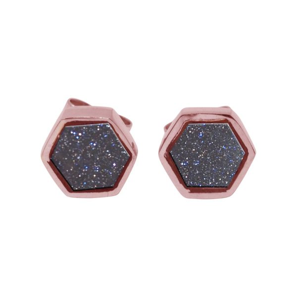 Rose Gold Blue Goldstone Hexagonal Stud Earrings