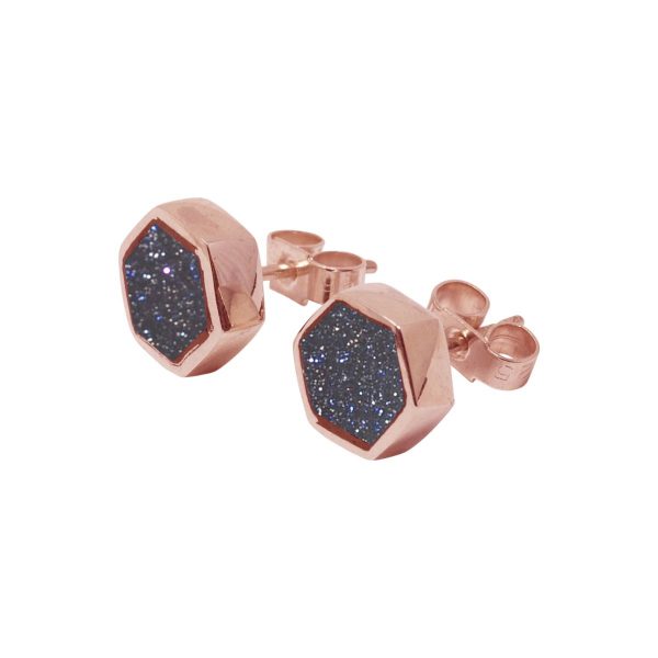 Rose Gold Blue Goldstone Hexagonal Stud Earrings