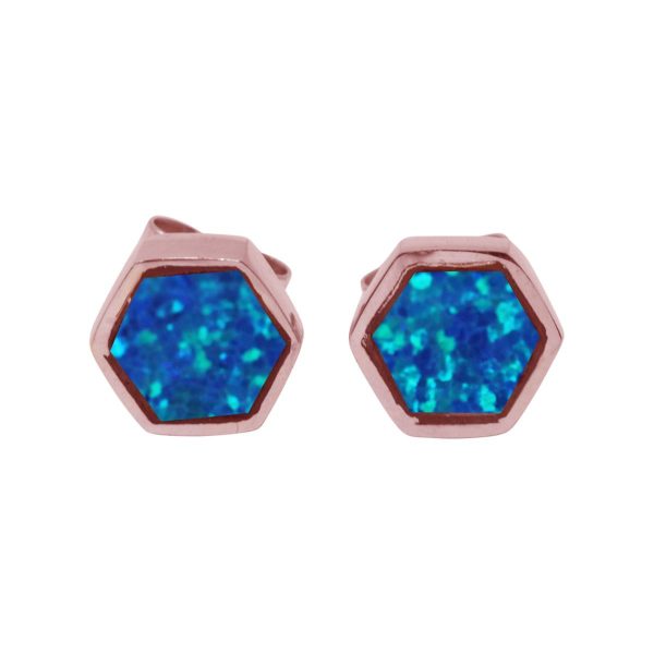 Rose Gold Opalite Cobalt Blue Hexagonal Stud Earrings