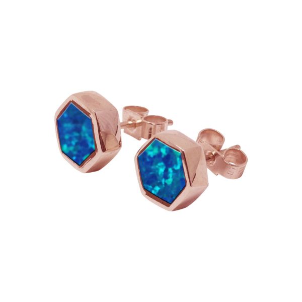 Rose Gold Cobalt Blue Opalite Hexagonal Stud Earrings