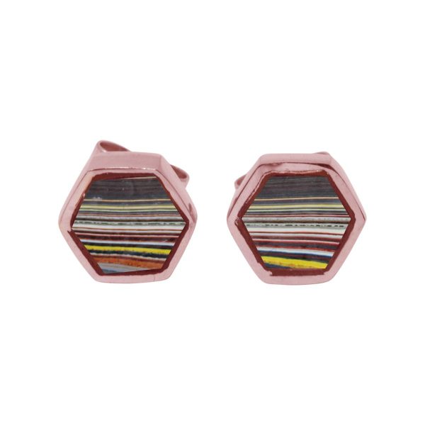 Rose Gold Fordite Hexagonal Stud Earrings