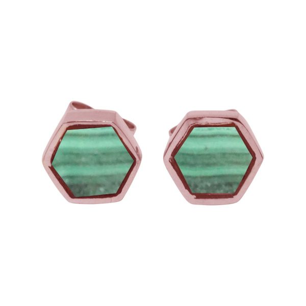 Rose Gold Malachite Hexagonal Stud Earrings