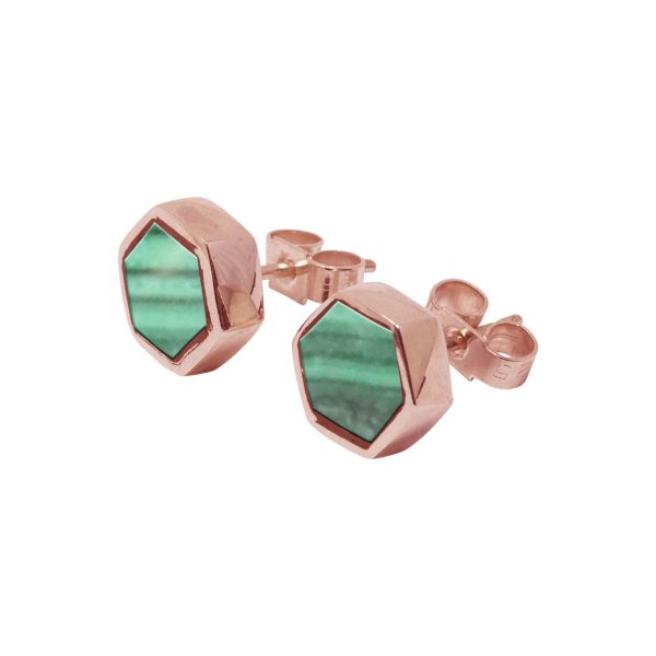 Rose Gold Malachite Hexagonal Stud Earrings