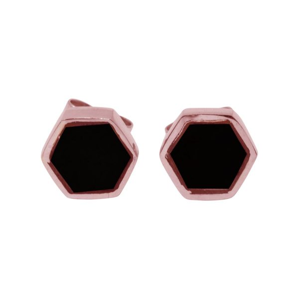 Rose Gold Whitby Jet Hexagonal Stud Earrings