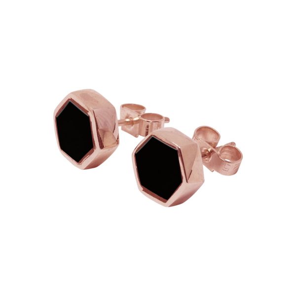 Rose Gold Whitby Jet Hexagonal Stud Earrings