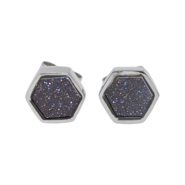 Silver Blue Goldstone Hexagonal Stud Earrings