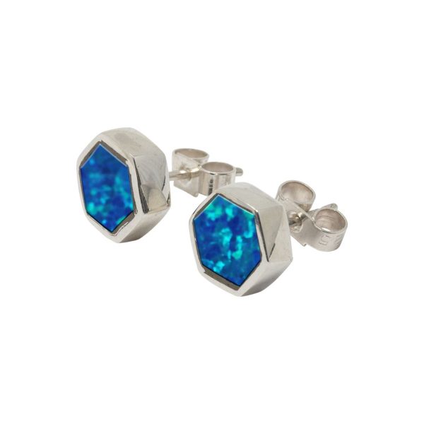 Silver Cobalt Blue Opalite Hexagonal Stud Earrings