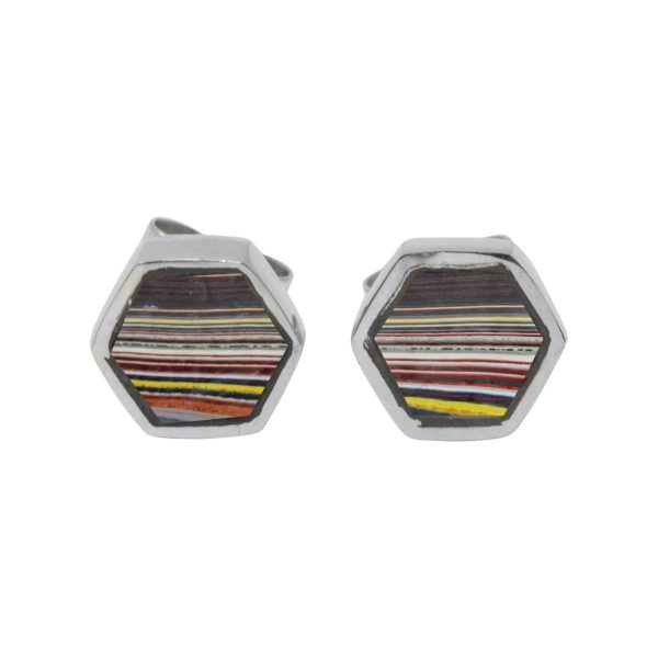 Silver Fordite Hexagonal Stud Earrings