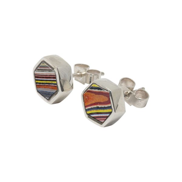 Silver Fordite Hexagonal Stud Earrings