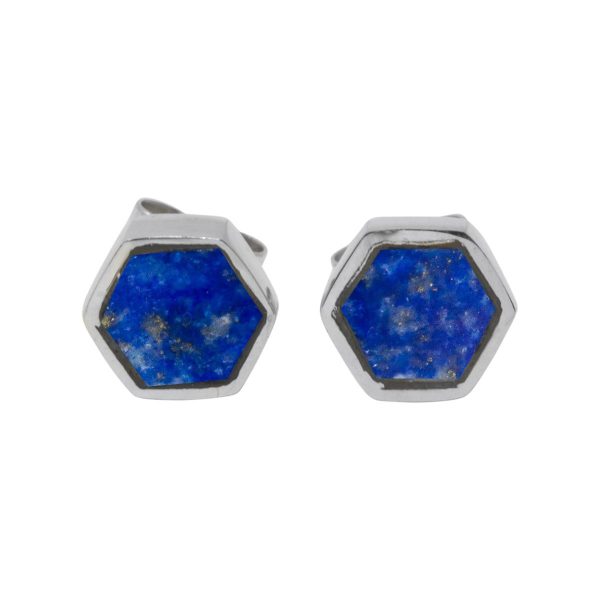 Silver Lapis Hexagonal Stud Earrings