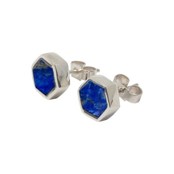 Silver Lapis Hexagonal Stud Earrings