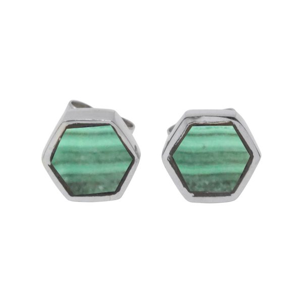 Silver Malachite Hexagonal Stud Earrings