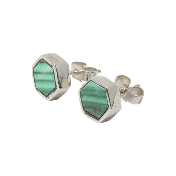 Silver Malachite Hexagonal Stud Earrings