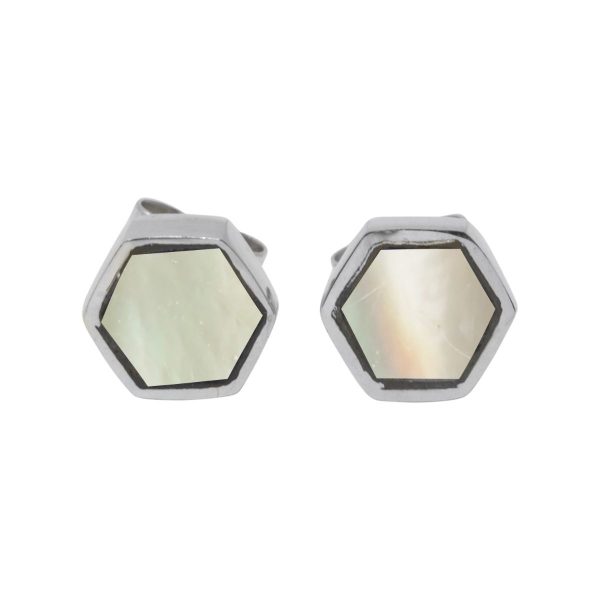 Silver Mother of Pearl Hexagonal Stud Earrings