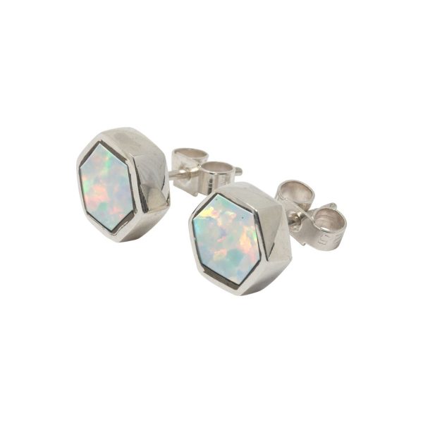 Silver Opalite Sun Ice Hexagonal Stud Earrings