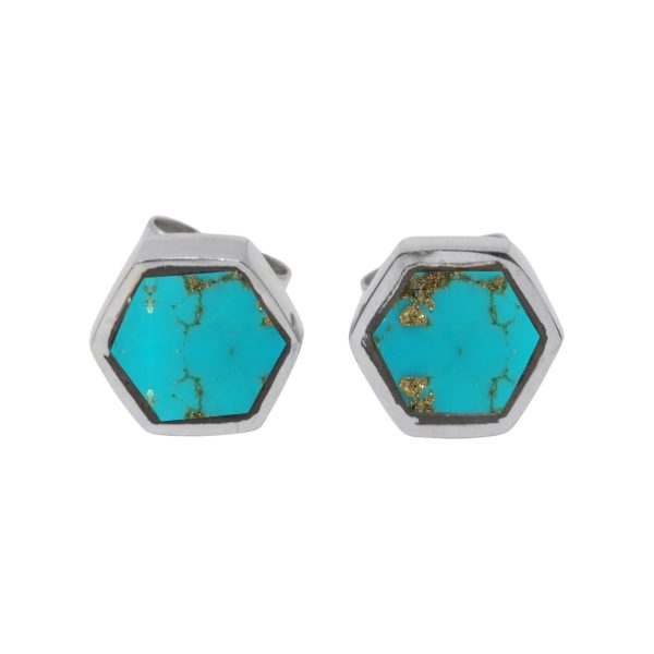 Silver Turquoise Hexagonal Stud Earrings