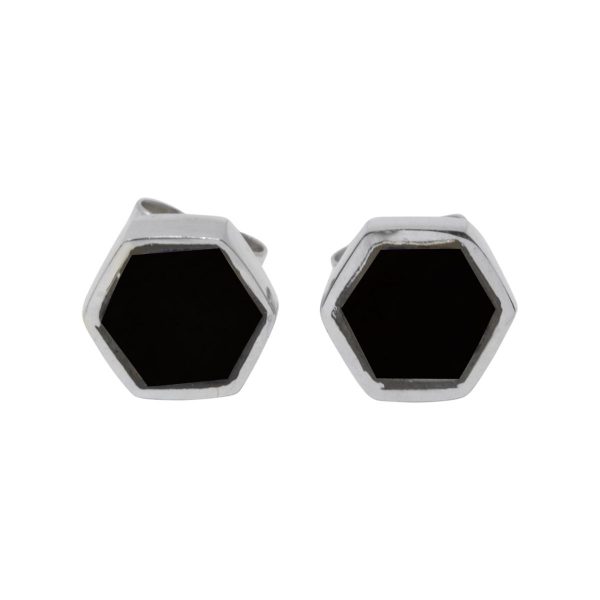 Silver Whitby Jet Hexagonal Stud Earrings