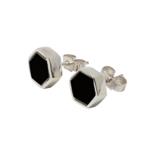 Silver Whitby Jet Hexagonal Stud Earrings