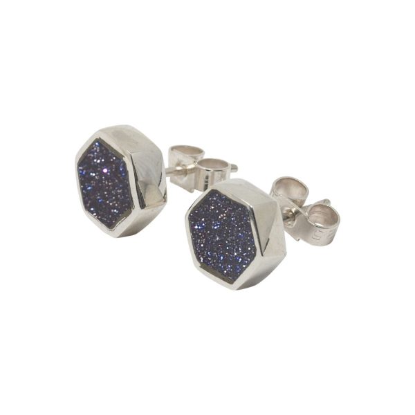 White Gold Blue Goldstone Hexagonal Stud Earrings