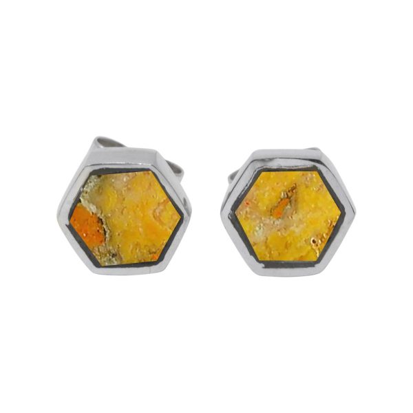 White Gold Bumblebee Jasper Hexagonal Stud Earrings