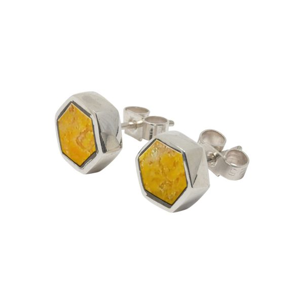 White Gold Bumblebee Jasper Hexagonal Stud Earrings