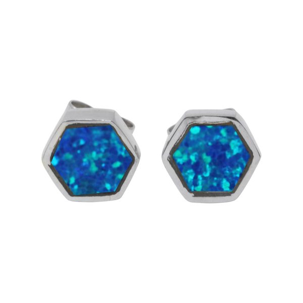 White Gold Opalite Cobalt Blue Hexagonal Stud Earrings
