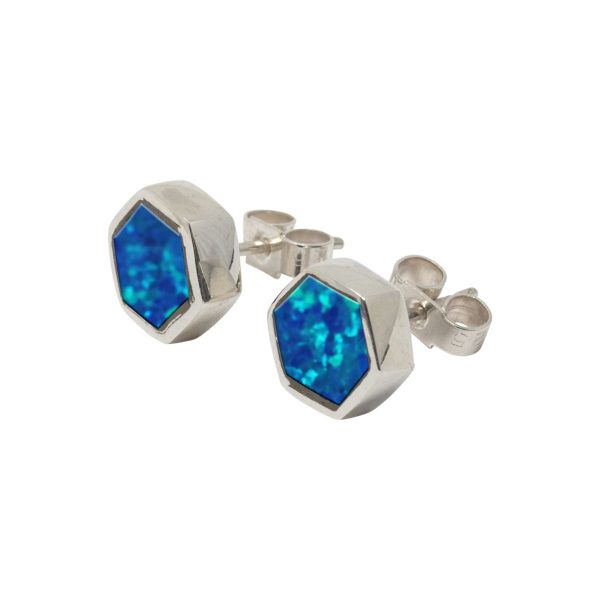 White Gold Opalite Cobalt Blue Hexagonal Stud Earrings