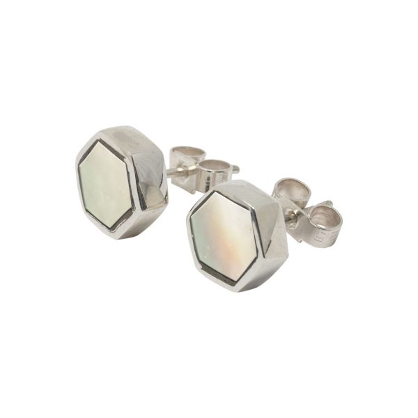 White Gold Mother of Pearl Hexagonal Stud Earrings