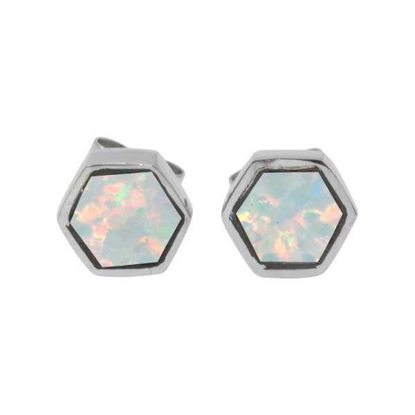 White Gold Opalite Sun Ice Hexagonal Stud Earrings