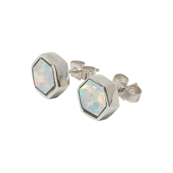 White Gold Opalite Sun Ice Hexagonal Stud Earrings