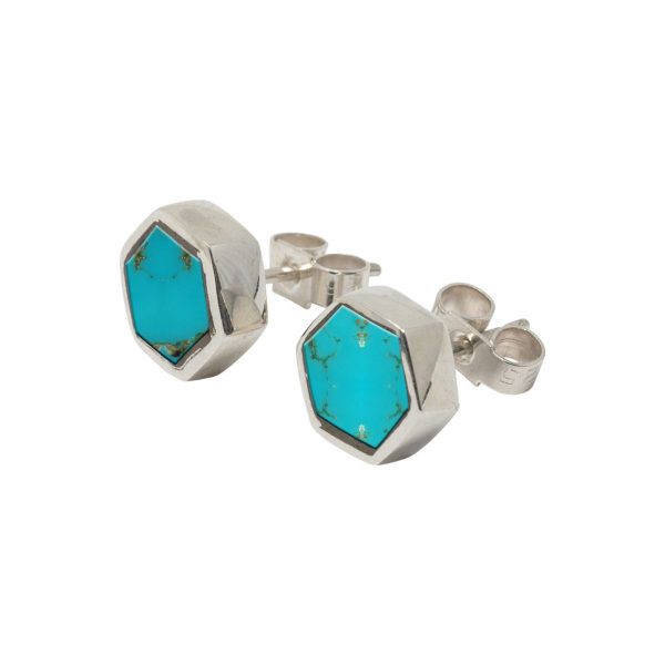 White Gold Turquoise Hexagonal Stud Earrings