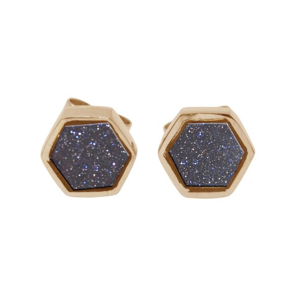 Gold Blue Goldstone Hexagonal Stud Earrings