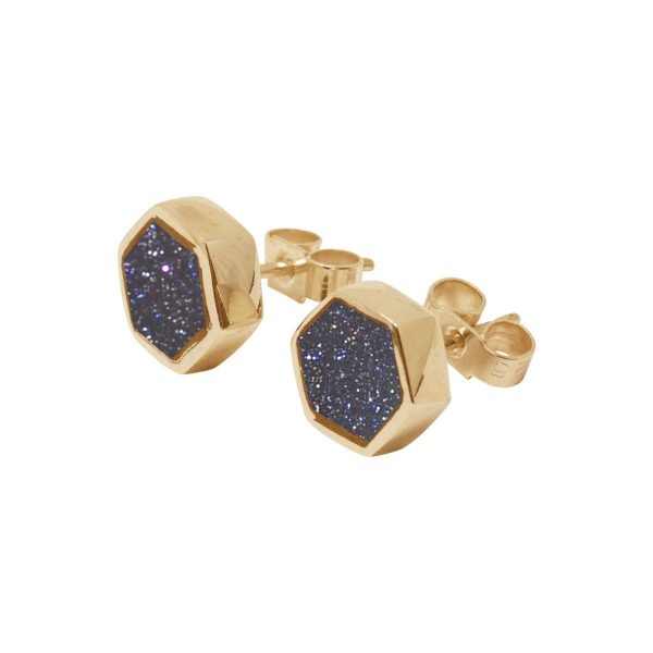 Gold Blue Goldstone Hexagonal Stud Earrings