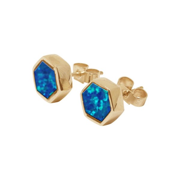 Gold Opalite Cobalt Blue Hexagonal Stud Earrings