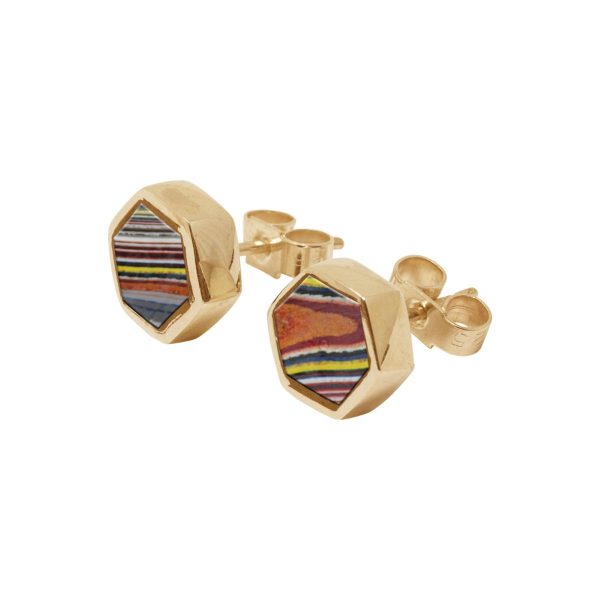 Yellow Gold Fordite Hexagonal Stud Earrings