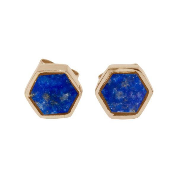 Gold Lapis Hexagonal Stud Earrings