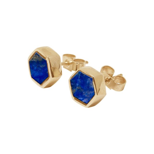 Gold Lapis Hexagonal Stud Earrings