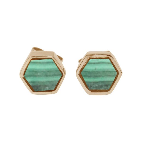 Gold Malachite Hexagonal Stud Earrings