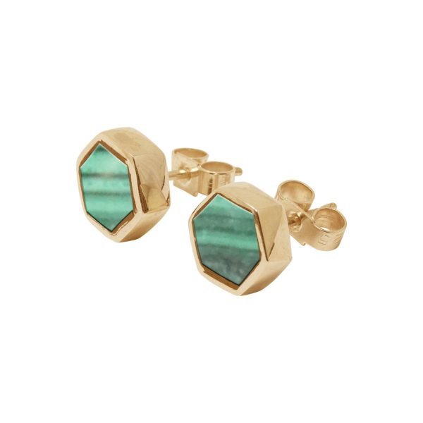 Gold Malachite Hexagonal Stud Earrings