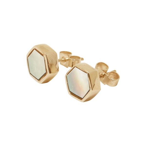 Gold Mother of Pearl Hexagonal Stud Earrings